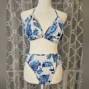 Zeraca Blue & White Tropical Palm Leaf Triangle Bikini Set Size XL